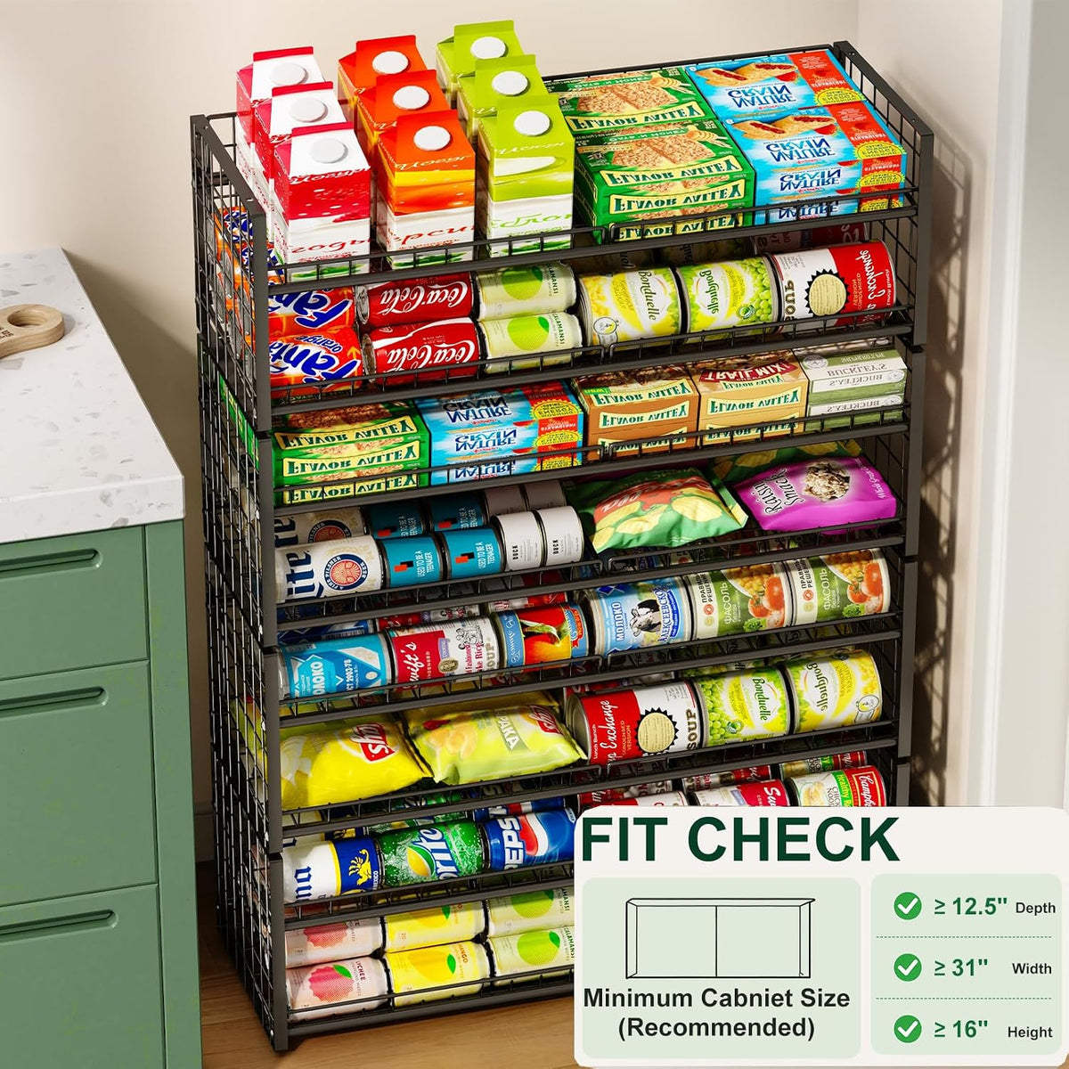 2-Tier Stackable Can Rack Organizer for Pantry Shelf, Extra-Long Can Holder for Kitchen Organization,Heavy Duty Can Dispenser for Canned Food Soup Goods up to 64 in Cabinet Storage, Black