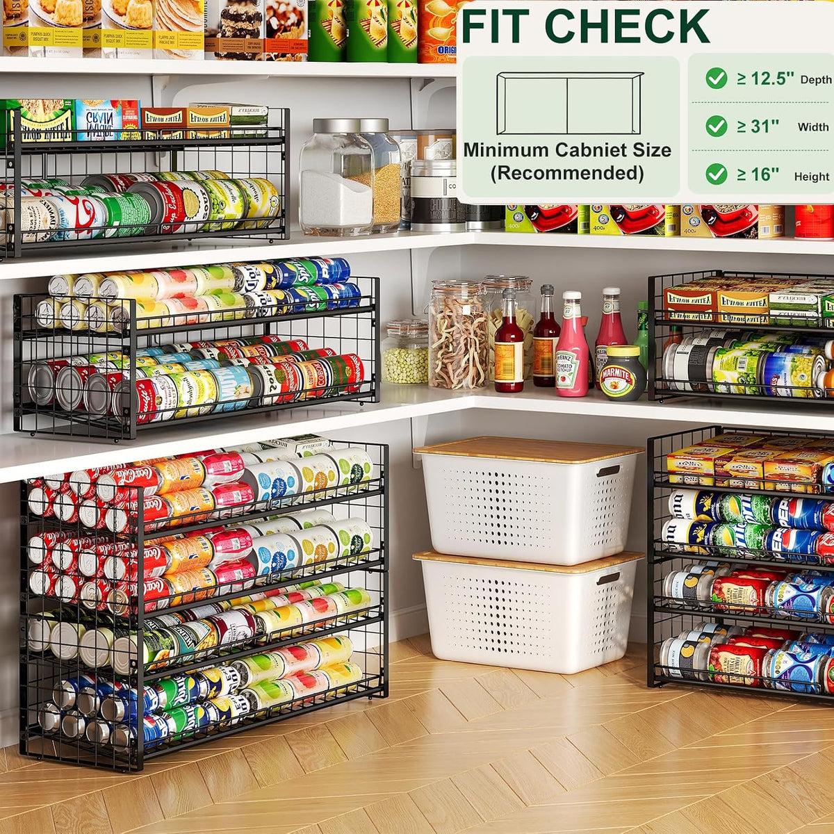 2-Tier Stackable Can Rack Organizer for Pantry Shelf, Extra-Long Can Holder for Kitchen Organization,Heavy Duty Can Dispenser for Canned Food Soup Goods up to 64 in Cabinet Storage, Black