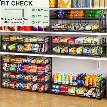 2-Tier Stackable Can Rack Organizer for Pantry Shelf, Extra-Long Can Holder for Kitchen Organization,Heavy Duty Can Dispenser for Canned Food Soup Goods up to 64 in Cabinet Storage, Black
