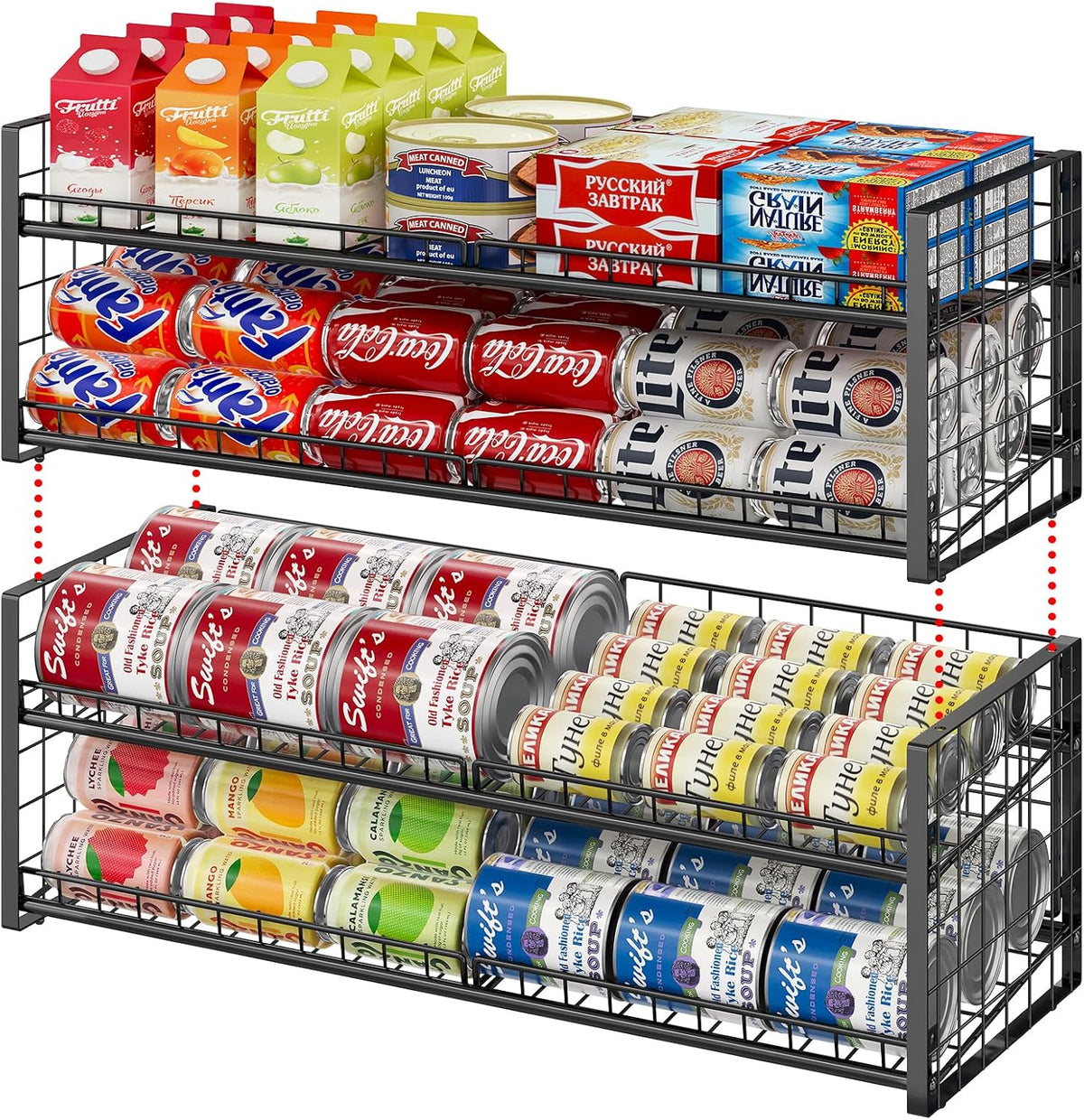 2-Tier Stackable Can Rack Organizer for Pantry Shelf, Extra-Long Can Holder for Kitchen Organization,Heavy Duty Can Dispenser for Canned Food Soup Goods up to 64 in Cabinet Storage, Black
