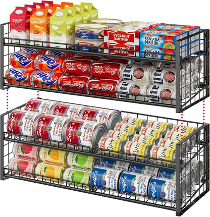 2-Tier Stackable Can Rack Organizer for Pantry Shelf, Extra-Long Can Holder for Kitchen Organization,Heavy Duty Can Dispenser for Canned Food Soup Goods up to 64 in Cabinet Storage, Black