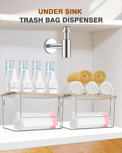 Trash Bag Dispenser 2 Pack - Under Sink Organizer, Plastic Bag Holder | Stackable Acrylic Garbage Bag Storage with Bamboo Lid for Kitchen Cabinet, 13/30/33 Gallon Grocery Bag Dispenser