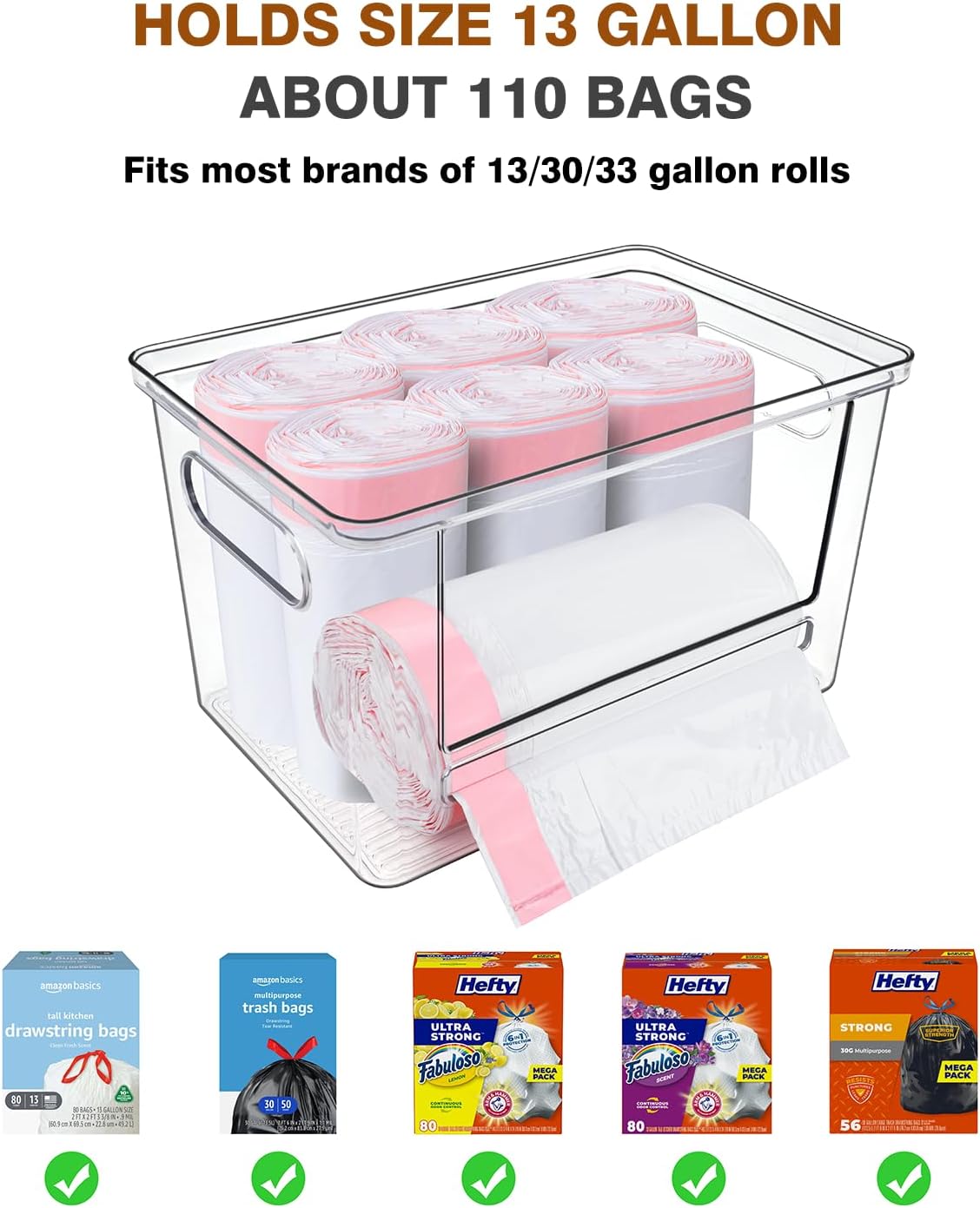 Trash Bag Dispenser 2 Pack - Under Sink Organizer, Plastic Bag Holder | Stackable Acrylic Garbage Bag Storage with Bamboo Lid for Kitchen Cabinet, 13/30/33 Gallon Grocery Bag Dispenser