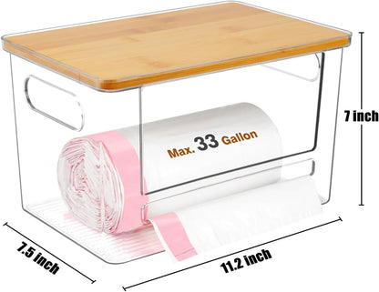 Trash Bag Dispenser 2 Pack - Under Sink Organizer, Plastic Bag Holder | Stackable Acrylic Garbage Bag Storage with Bamboo Lid for Kitchen Cabinet, 13/30/33 Gallon Grocery Bag Dispenser