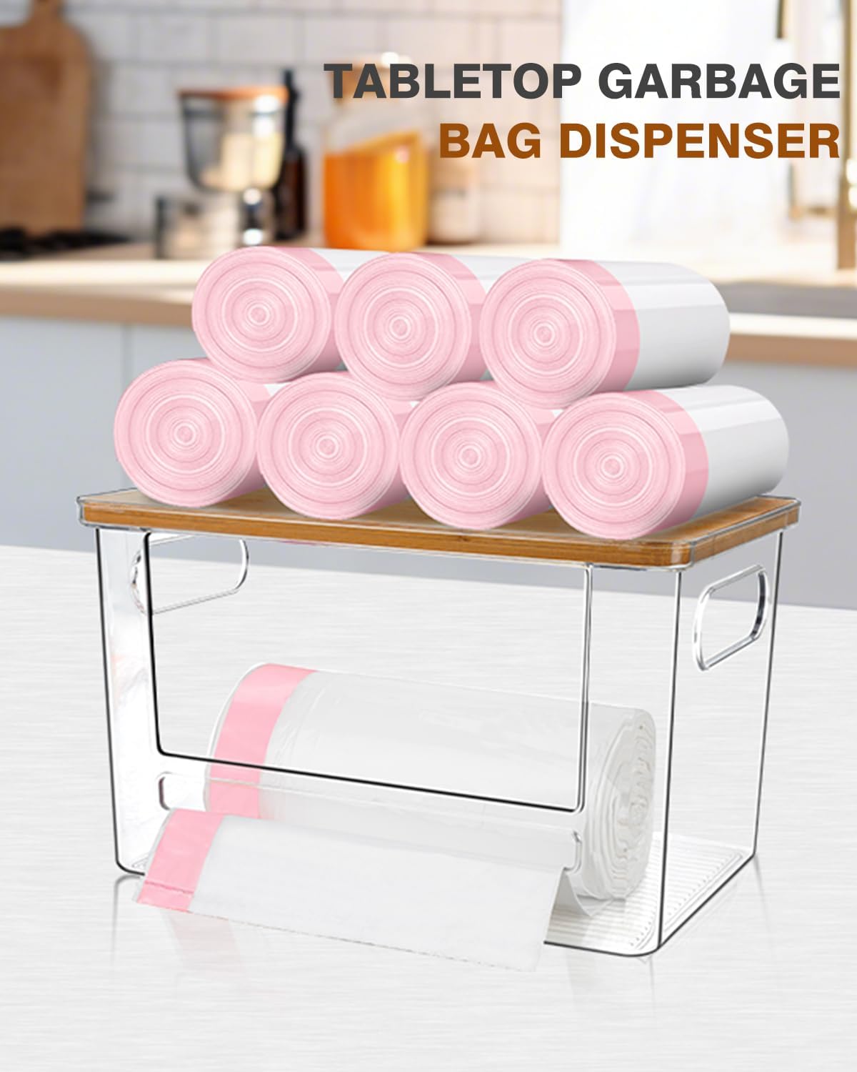 Trash Bag Dispenser 2 Pack - Under Sink Organizer, Plastic Bag Holder | Stackable Acrylic Garbage Bag Storage with Bamboo Lid for Kitchen Cabinet, 13/30/33 Gallon Grocery Bag Dispenser