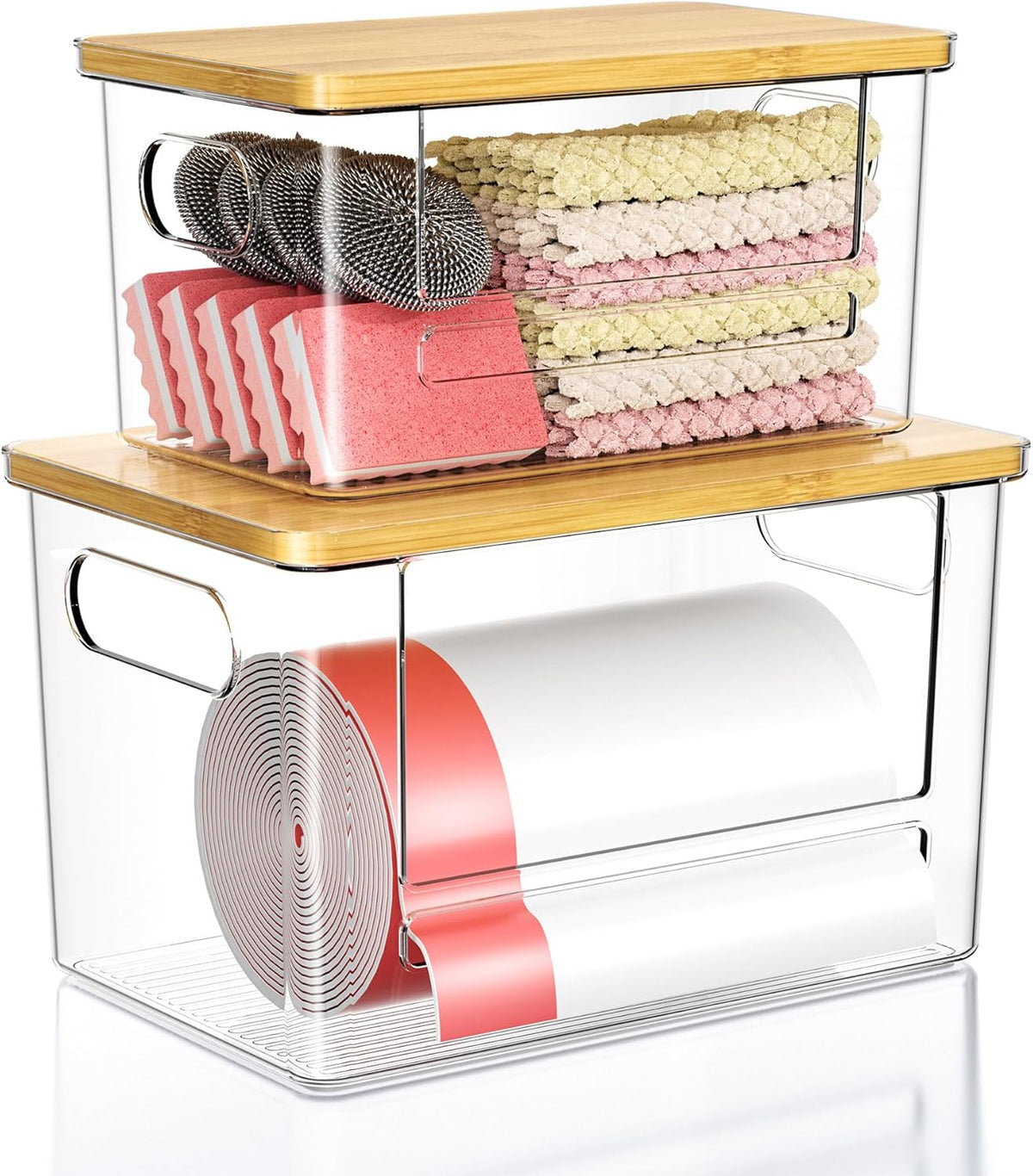 Trash Bag Dispenser 2 Pack - Under Sink Organizer, Plastic Bag Holder | Stackable Acrylic Garbage Bag Storage with Bamboo Lid for Kitchen Cabinet, 13/30/33 Gallon Grocery Bag Dispenser