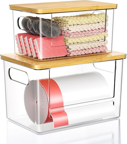 Trash Bag Dispenser 2 Pack - Under Sink Organizer, Plastic Bag Holder | Stackable Acrylic Garbage Bag Storage with Bamboo Lid for Kitchen Cabinet, 13/30/33 Gallon Grocery Bag Dispenser