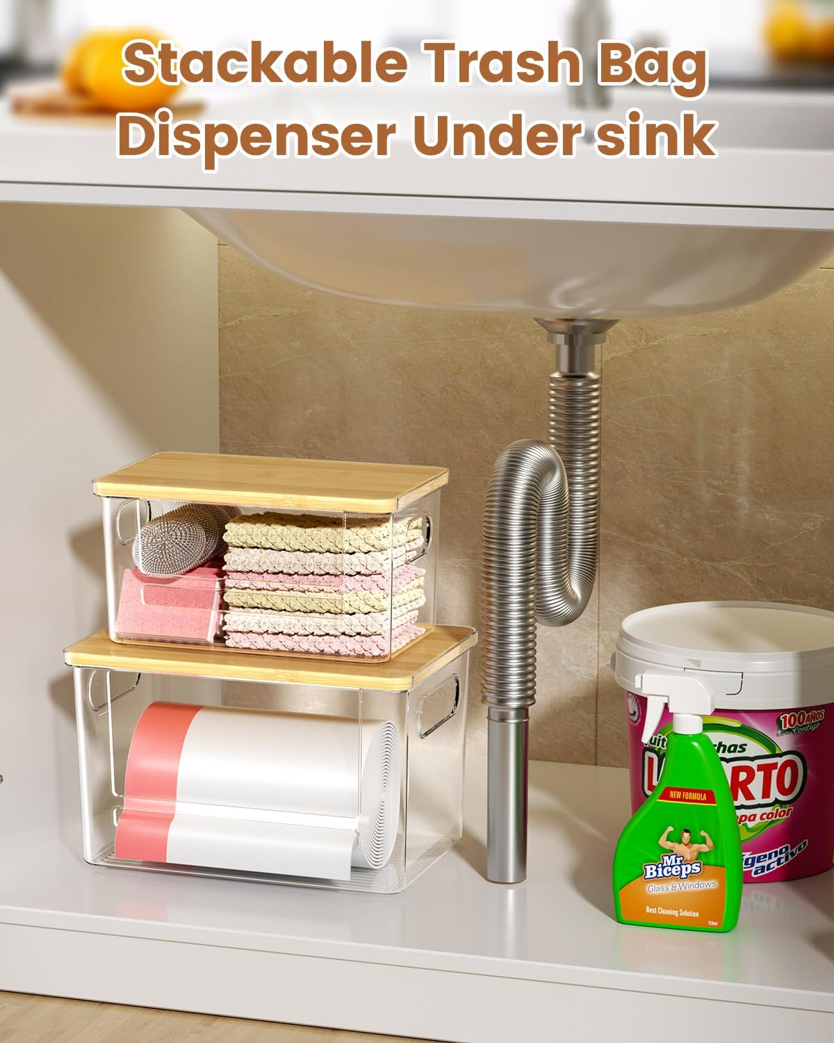 Trash Bag Dispenser 2 Pack - Under Sink Organizer, Plastic Bag Holder | Stackable Acrylic Garbage Bag Storage with Bamboo Lid for Kitchen Cabinet, 13/30/33 Gallon Grocery Bag Dispenser