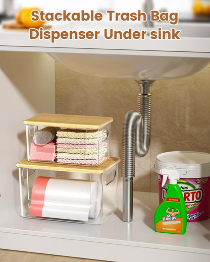 Trash Bag Dispenser 2 Pack - Under Sink Organizer, Plastic Bag Holder | Stackable Acrylic Garbage Bag Storage with Bamboo Lid for Kitchen Cabinet, 13/30/33 Gallon Grocery Bag Dispenser