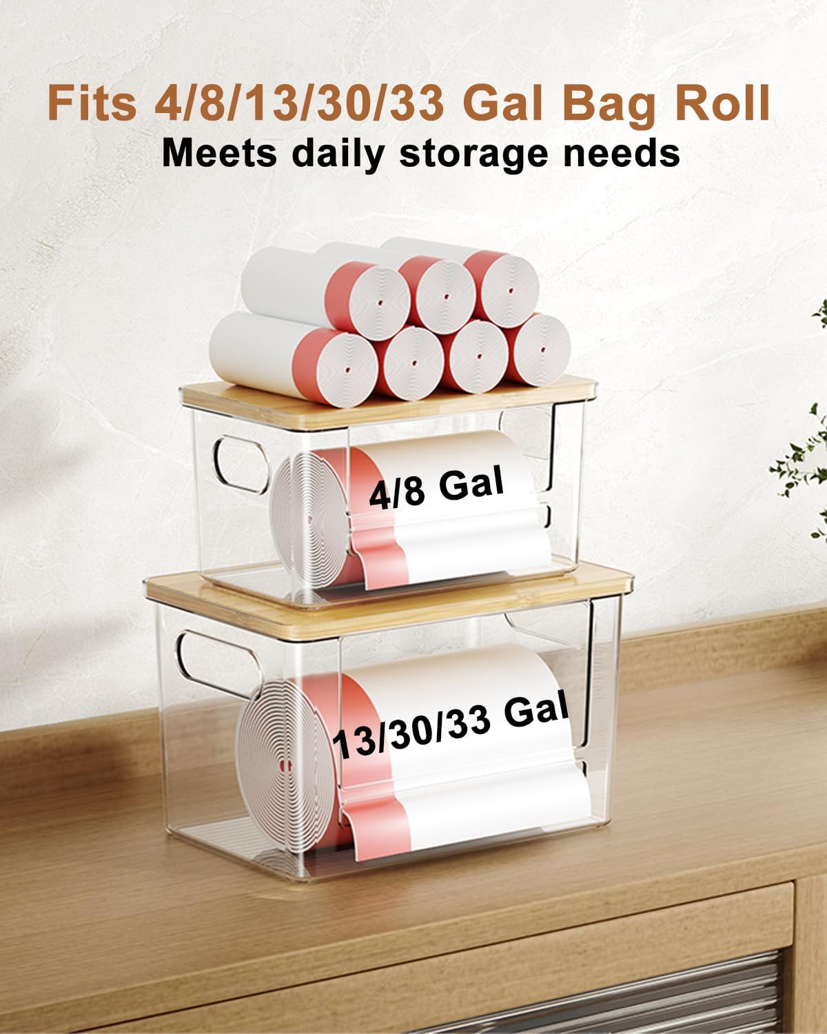 Trash Bag Dispenser 2 Pack - Under Sink Organizer, Plastic Bag Holder | Stackable Acrylic Garbage Bag Storage with Bamboo Lid for Kitchen Cabinet, 13/30/33 Gallon Grocery Bag Dispenser