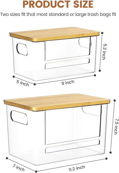 Trash Bag Dispenser 2 Pack - Under Sink Organizer, Plastic Bag Holder | Stackable Acrylic Garbage Bag Storage with Bamboo Lid for Kitchen Cabinet, 13/30/33 Gallon Grocery Bag Dispenser