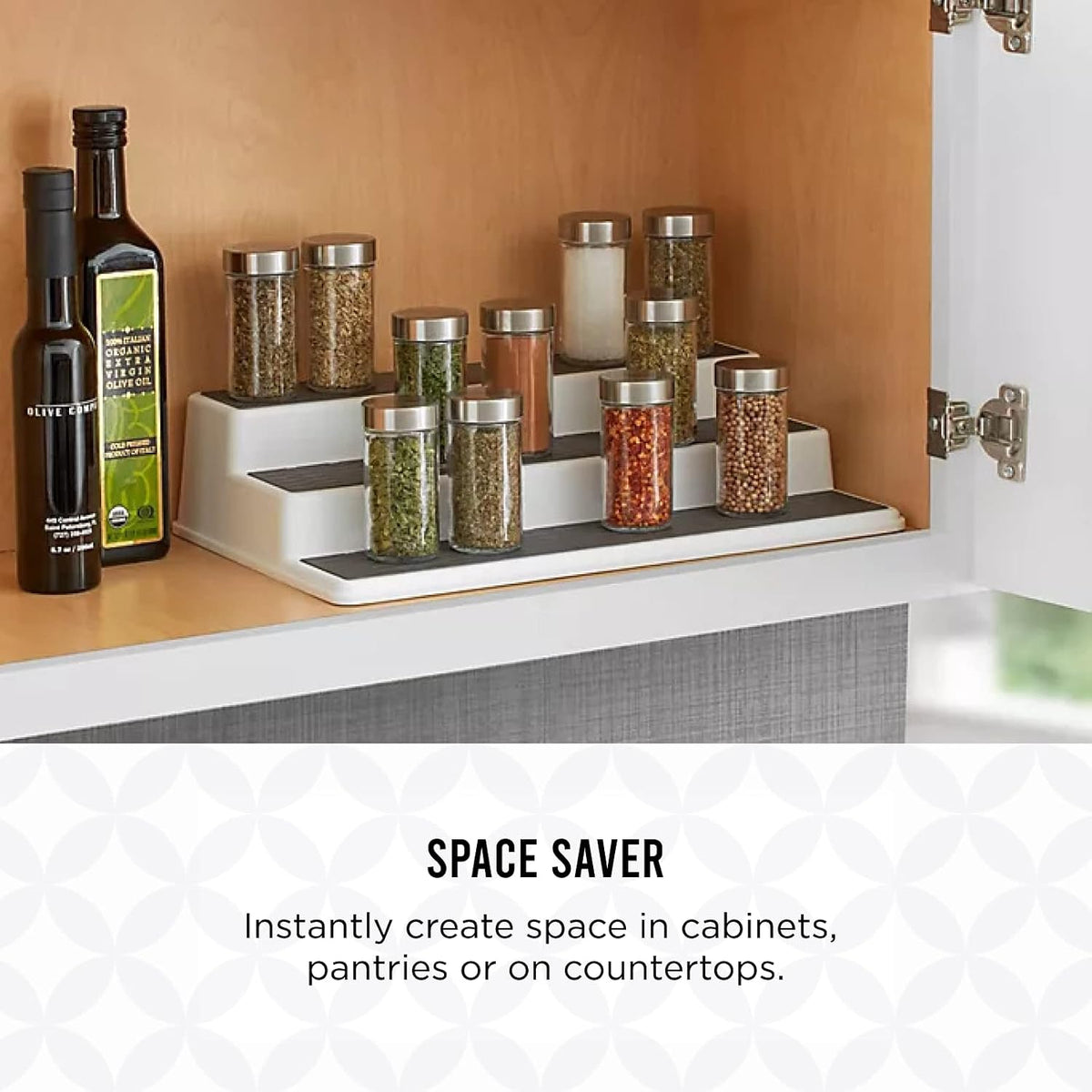 3-Tier Spice Rack Organizer for Cabinet - 15 Inch Non-Skid Pantry Organizer and Storage Shelf for Spices, Canned Goods, Seasonings - White and Gray Kitchen Cabinet Organizer