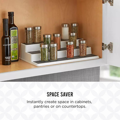 3-Tier Spice Rack Organizer for Cabinet - 15 Inch Non-Skid Pantry Organizer and Storage Shelf for Spices, Canned Goods, Seasonings - White and Gray Kitchen Cabinet Organizer