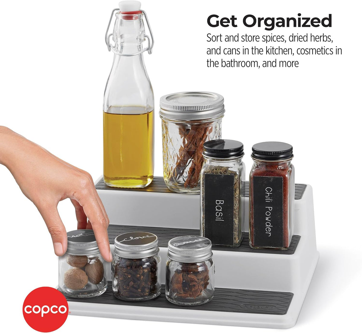3-Tier Spice Rack Organizer for Cabinet - 15 Inch Non-Skid Pantry Organizer and Storage Shelf for Spices, Canned Goods, Seasonings - White and Gray Kitchen Cabinet Organizer