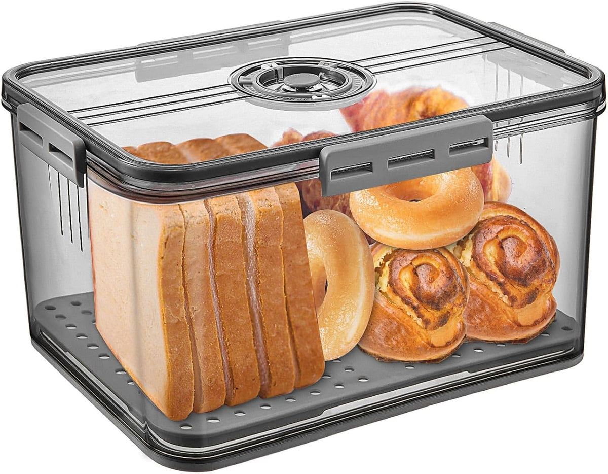 Bread Box Bread Boxes for Kitchen Counter Airtight, Time Recording Bread Storage Container with Lid, Bread Keeper for Homemade Bread, Toast, Bagel, Donut and Cookies, Grey