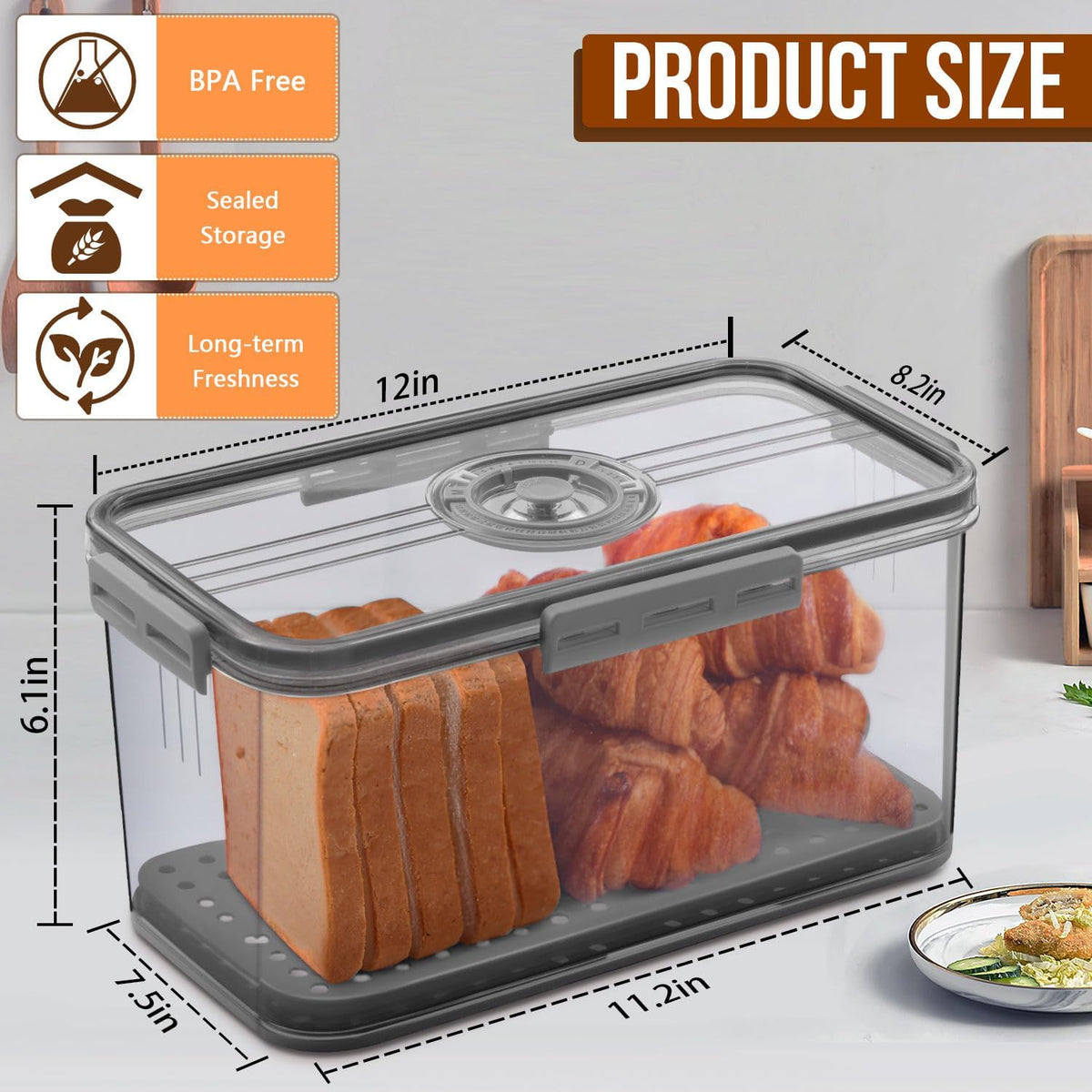 Bread Box Bread Boxes for Kitchen Counter Airtight, Time Recording Bread Storage Container with Lid, Bread Keeper for Homemade Bread, Toast, Bagel, Donut and Cookies, Grey