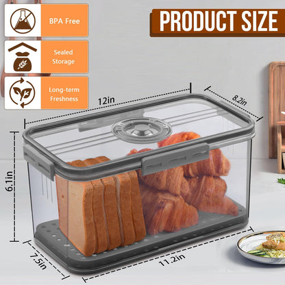 Bread Box Bread Boxes for Kitchen Counter Airtight, Time Recording Bread Storage Container with Lid, Bread Keeper for Homemade Bread, Toast, Bagel, Donut and Cookies, Grey