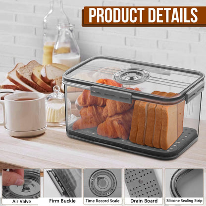 Bread Box Bread Boxes for Kitchen Counter Airtight, Time Recording Bread Storage Container with Lid, Bread Keeper for Homemade Bread, Toast, Bagel, Donut and Cookies, Grey