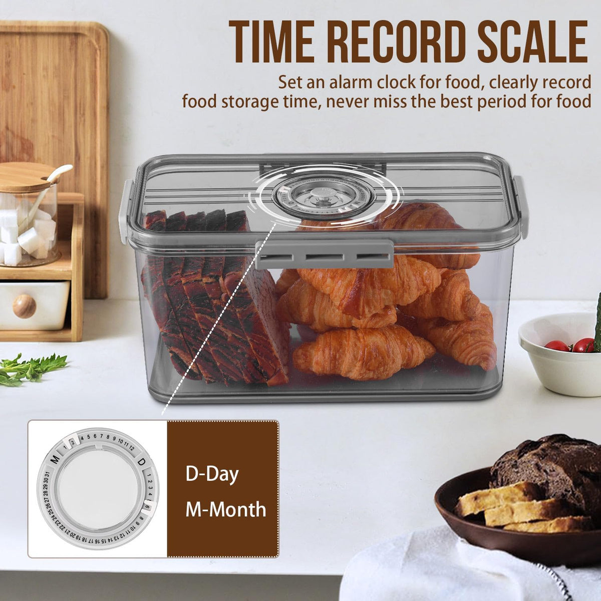 Bread Box Bread Boxes for Kitchen Counter Airtight, Time Recording Bread Storage Container with Lid, Bread Keeper for Homemade Bread, Toast, Bagel, Donut and Cookies, Grey