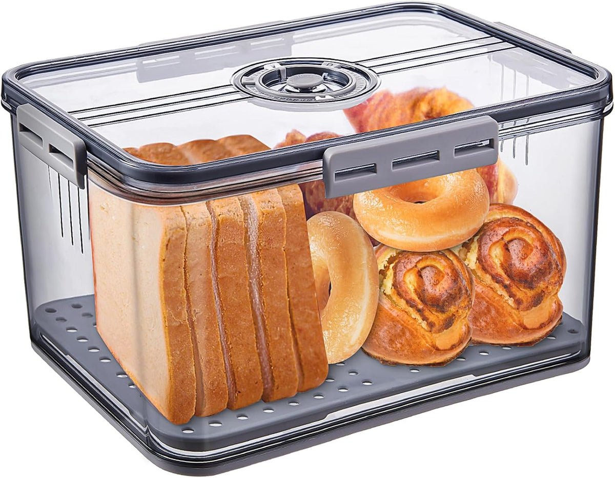 Bread Box Bread Boxes for Kitchen Counter Airtight, Time Recording Bread Storage Container with Lid, Bread Keeper for Homemade Bread, Toast, Bagel, Donut and Cookies, Grey