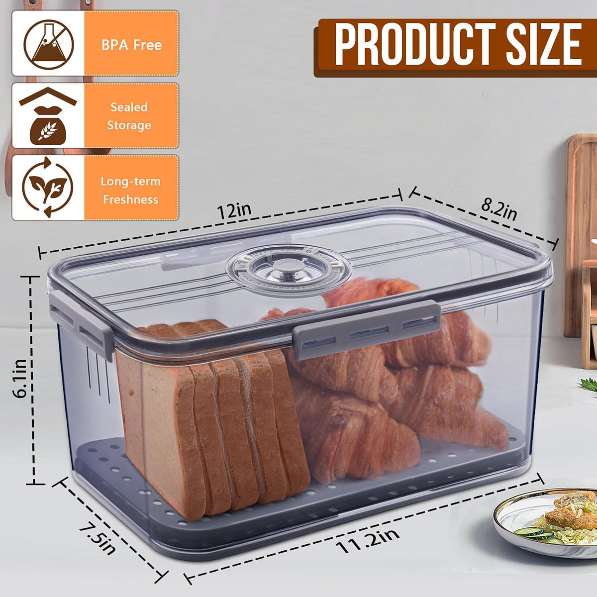 Bread Box Bread Boxes for Kitchen Counter Airtight, Time Recording Bread Storage Container with Lid, Bread Keeper for Homemade Bread, Toast, Bagel, Donut and Cookies, Grey