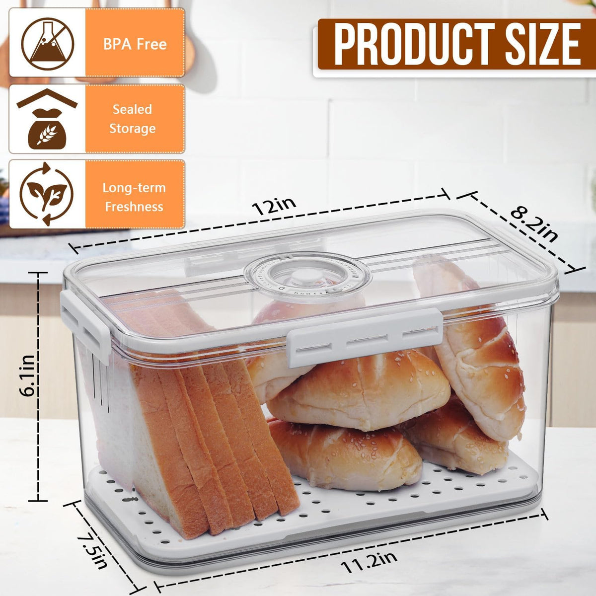 Bread Box Bread Boxes for Kitchen Counter Airtight, Time Recording Bread Storage Container with Lid, Bread Keeper for Homemade Bread, Toast, Bagel, Donut and Cookies, Grey