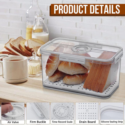 Bread Box Bread Boxes for Kitchen Counter Airtight, Time Recording Bread Storage Container with Lid, Bread Keeper for Homemade Bread, Toast, Bagel, Donut and Cookies, Grey