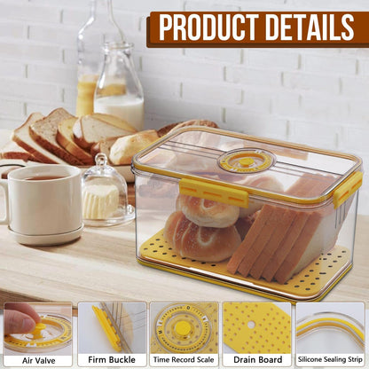 Bread Box Bread Boxes for Kitchen Counter Airtight, Time Recording Bread Storage Container with Lid, Bread Keeper for Homemade Bread, Toast, Bagel, Donut and Cookies, Grey