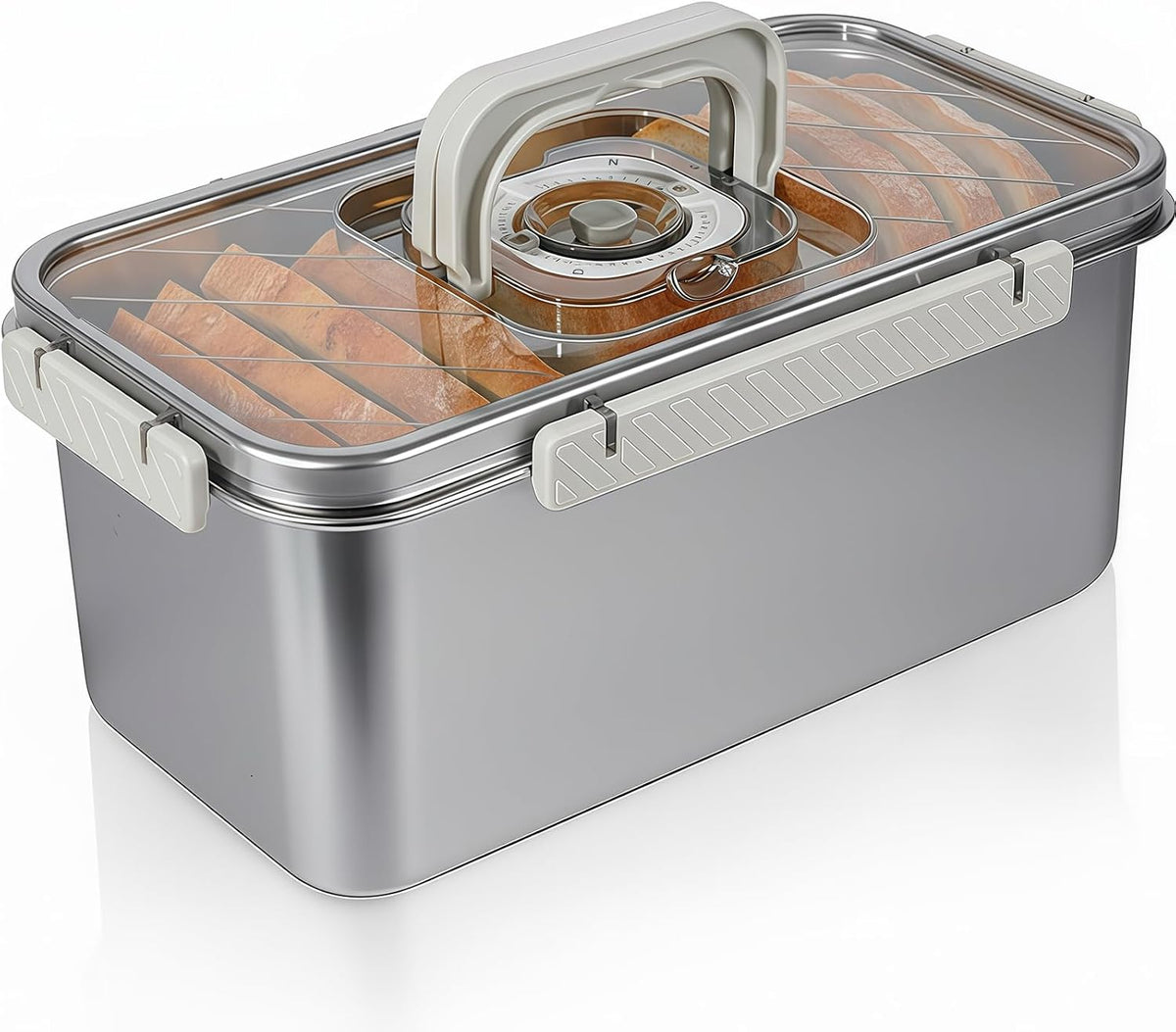Bread Box Bread Boxes for Kitchen Counter Airtight, Time Recording Bread Storage Container with Lid, Bread Keeper for Homemade Bread, Toast, Bagel, Donut and Cookies, Grey