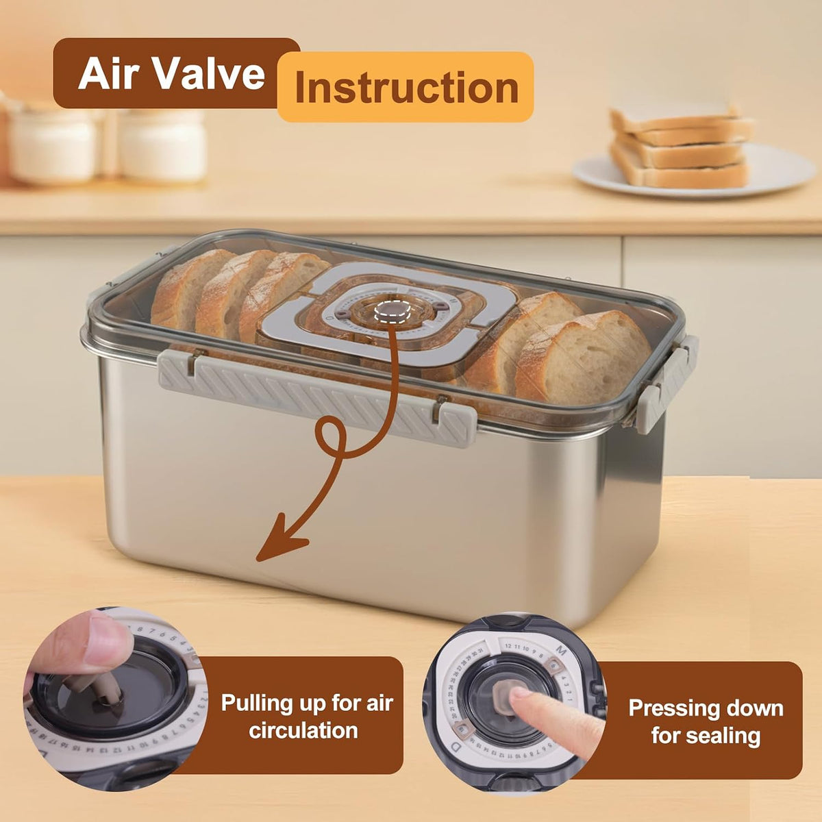 Bread Box Bread Boxes for Kitchen Counter Airtight, Time Recording Bread Storage Container with Lid, Bread Keeper for Homemade Bread, Toast, Bagel, Donut and Cookies, Grey