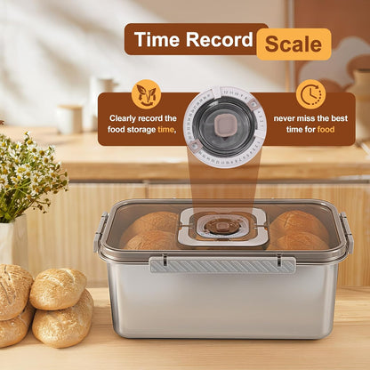 Bread Box Bread Boxes for Kitchen Counter Airtight, Time Recording Bread Storage Container with Lid, Bread Keeper for Homemade Bread, Toast, Bagel, Donut and Cookies, Grey