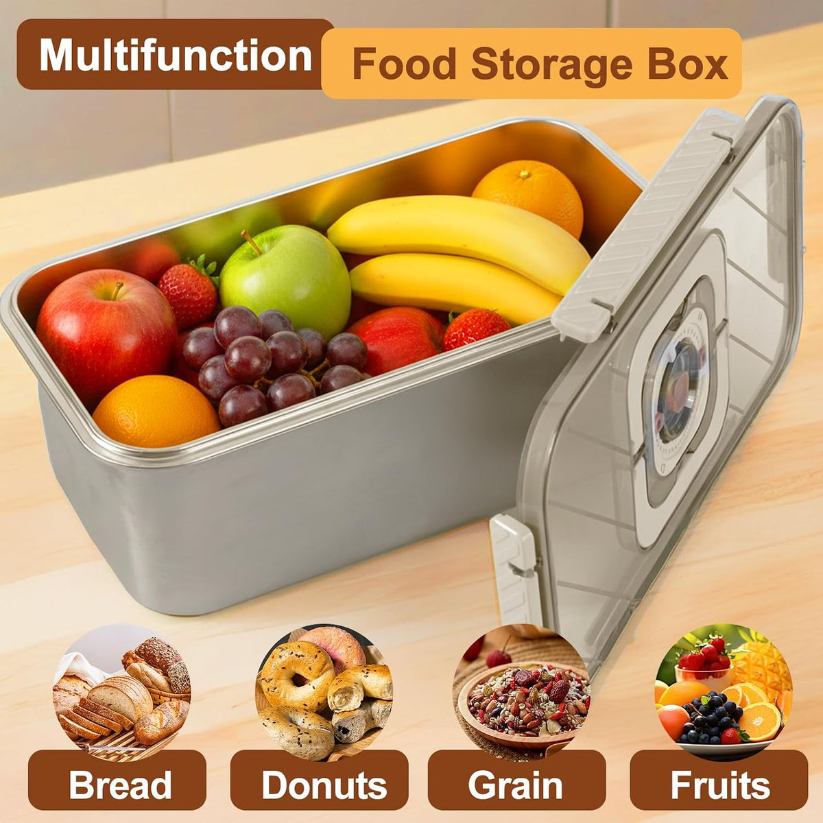 Bread Box Bread Boxes for Kitchen Counter Airtight, Time Recording Bread Storage Container with Lid, Bread Keeper for Homemade Bread, Toast, Bagel, Donut and Cookies, Grey
