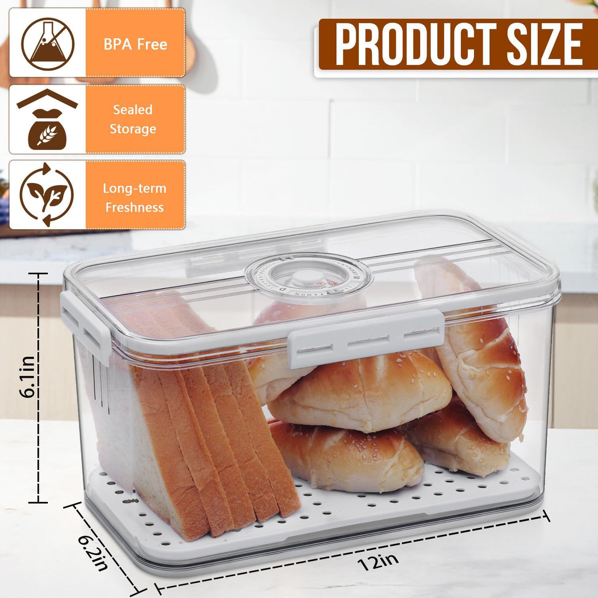 Bread Box Bread Boxes for Kitchen Counter Airtight, Time Recording Bread Storage Container with Lid, Bread Keeper for Homemade Bread, Toast, Bagel, Donut and Cookies, Grey