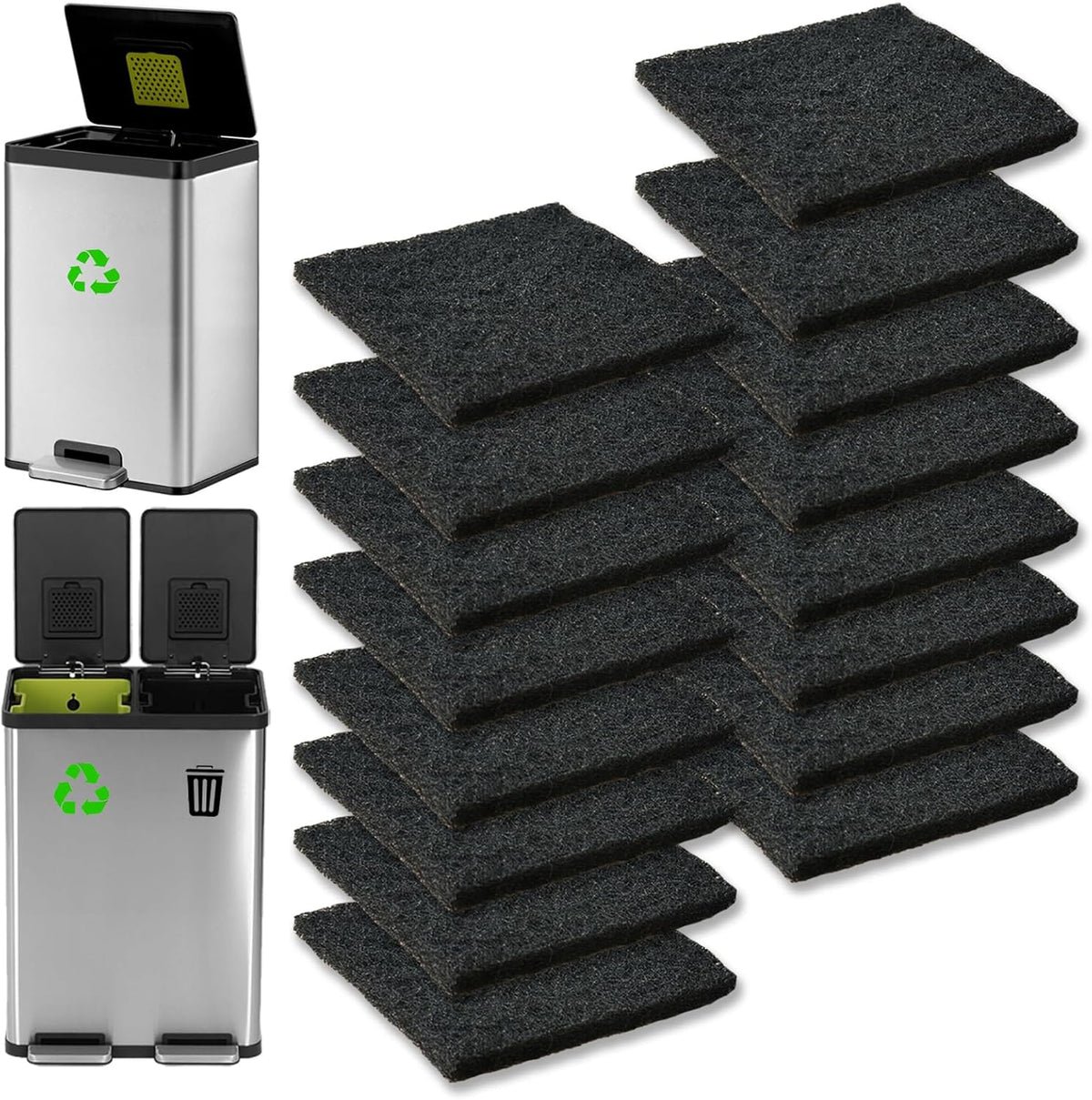 16 Pack Activated Carbon Filter with 2 Pack Recycle+Trash Sticker Fits EKO Trash Can with Built-in Compartment, Also Fits SIMPLI-Magic Garbage Bins, for Trash Can and Compost Bin