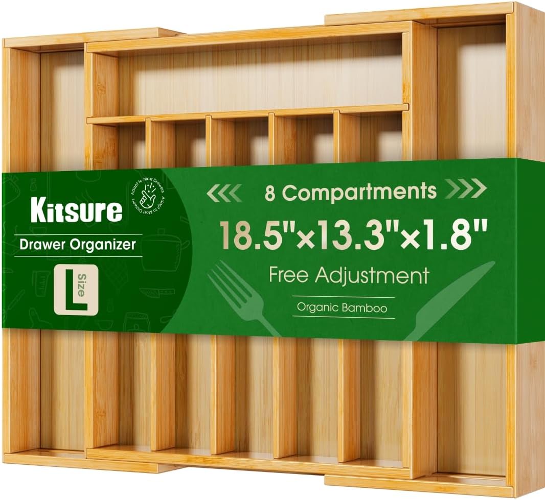 Silverware Organizer, Bamboo Kitchen Drawer Tray, Natural, Large