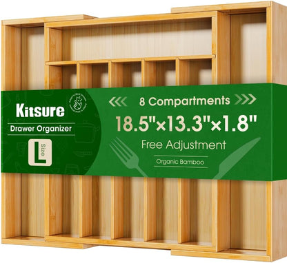 Silverware Organizer, Bamboo Kitchen Drawer Tray, Natural, Large