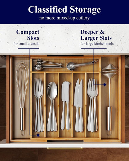 Silverware Organizer, Bamboo Kitchen Drawer Tray, Natural, Large