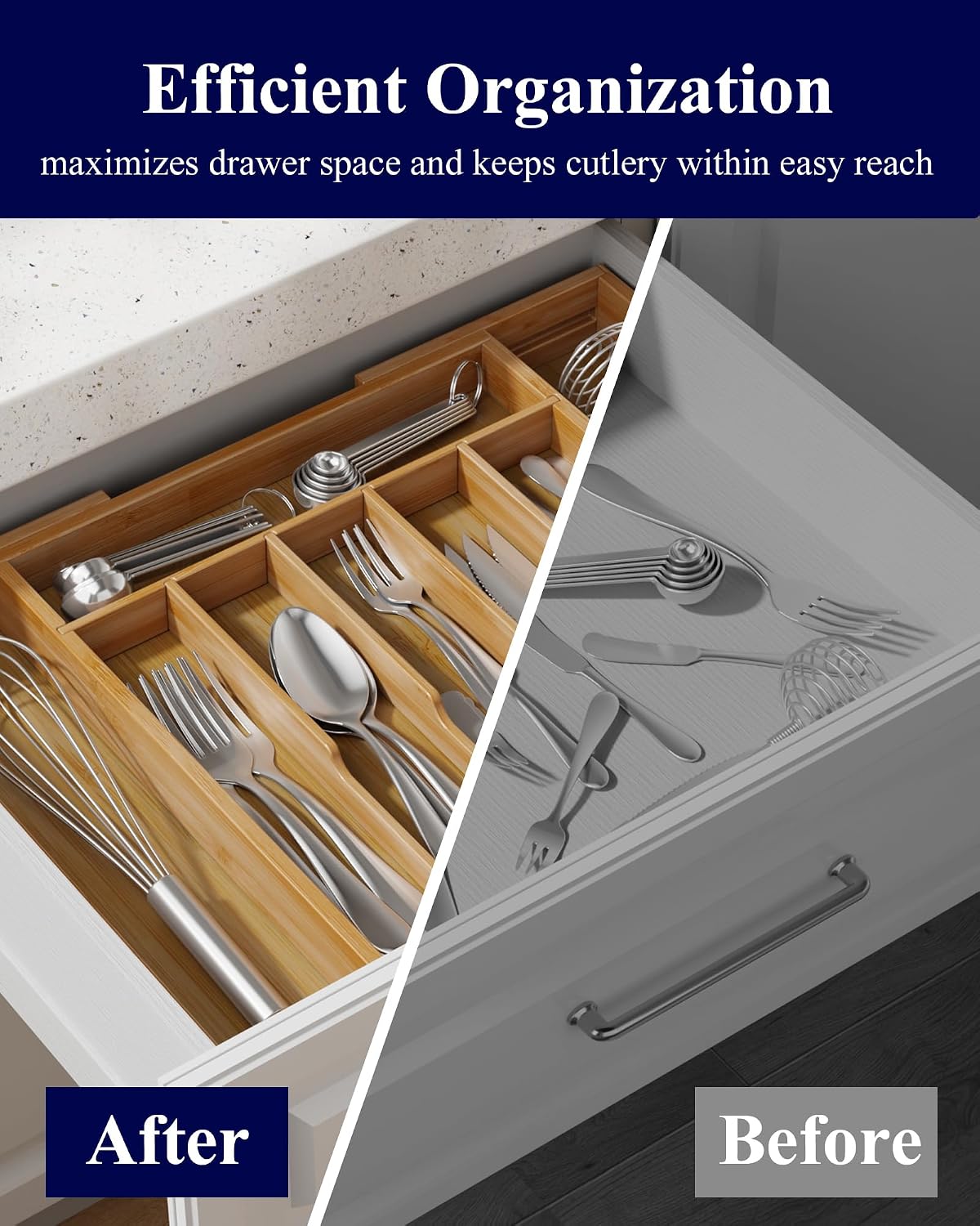 Silverware Organizer, Bamboo Kitchen Drawer Tray, Natural, Large