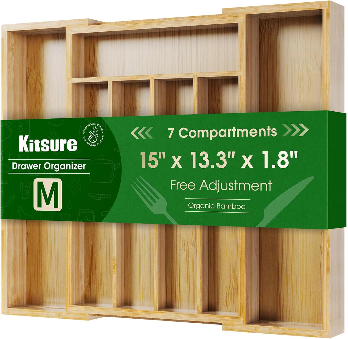 Silverware Organizer, Bamboo Kitchen Drawer Tray, Natural, Large