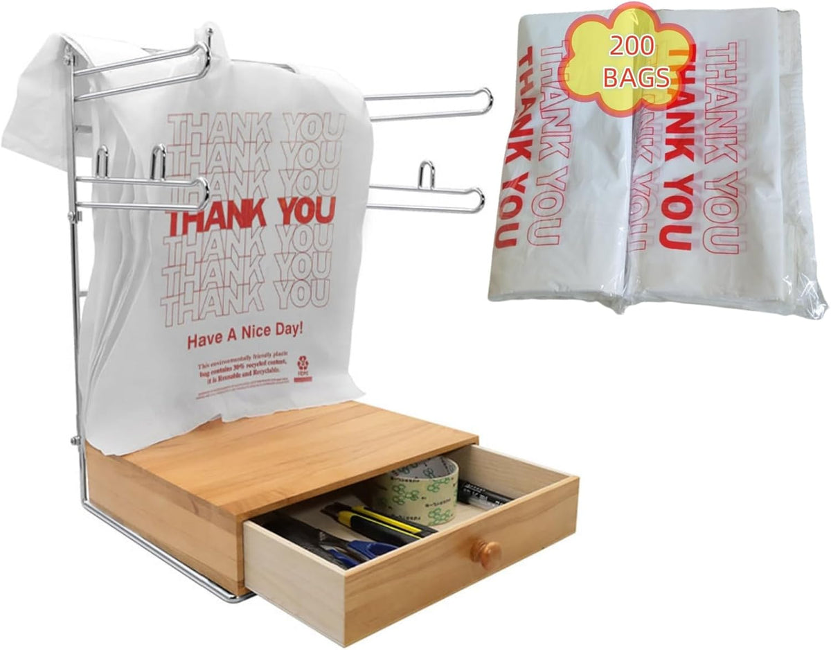 Detachable Plastic Grocery Bag Holder with Wooden Drawers Base | Contains 200 Count Plastic Bags, Chrome Plated T-Shirt Bags Rack with Stores, Grocery Store，Supermarkets, Homes, Kitchens