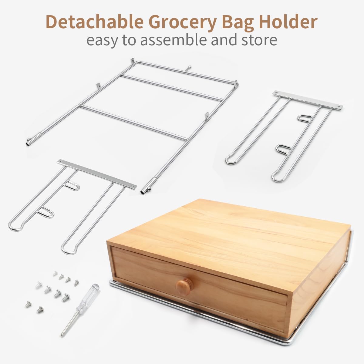 Detachable Plastic Grocery Bag Holder with Wooden Drawers Base | Contains 200 Count Plastic Bags, Chrome Plated T-Shirt Bags Rack with Stores, Grocery Store，Supermarkets, Homes, Kitchens