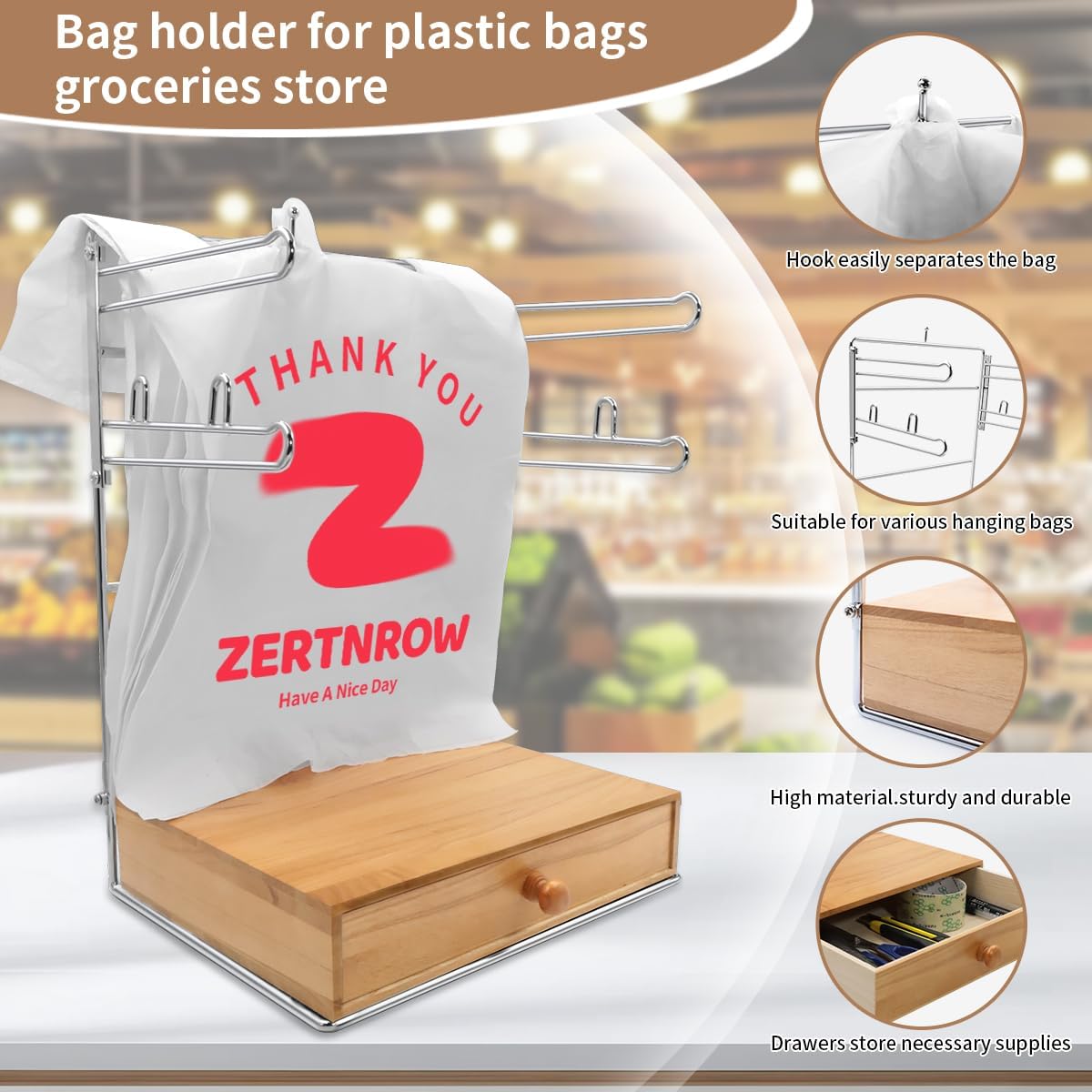 Detachable Plastic Grocery Bag Holder with Wooden Drawers Base | Contains 200 Count Plastic Bags, Chrome Plated T-Shirt Bags Rack with Stores, Grocery Store，Supermarkets, Homes, Kitchens