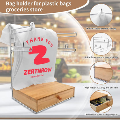 Detachable Plastic Grocery Bag Holder with Wooden Drawers Base | Contains 200 Count Plastic Bags, Chrome Plated T-Shirt Bags Rack with Stores, Grocery Store，Supermarkets, Homes, Kitchens