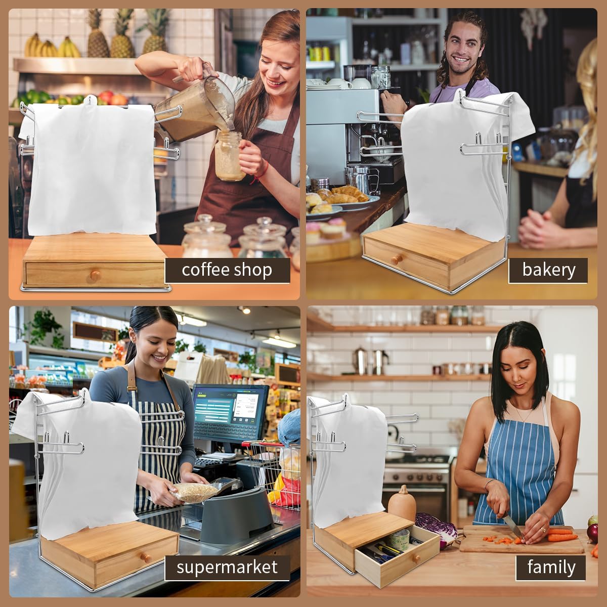 Detachable Plastic Grocery Bag Holder with Wooden Drawers Base | Contains 200 Count Plastic Bags, Chrome Plated T-Shirt Bags Rack with Stores, Grocery Store，Supermarkets, Homes, Kitchens