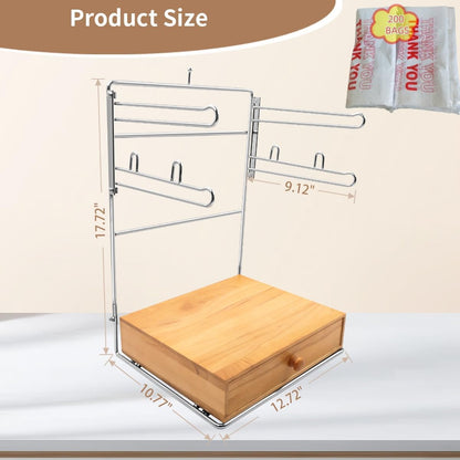 Detachable Plastic Grocery Bag Holder with Wooden Drawers Base | Contains 200 Count Plastic Bags, Chrome Plated T-Shirt Bags Rack with Stores, Grocery Store，Supermarkets, Homes, Kitchens