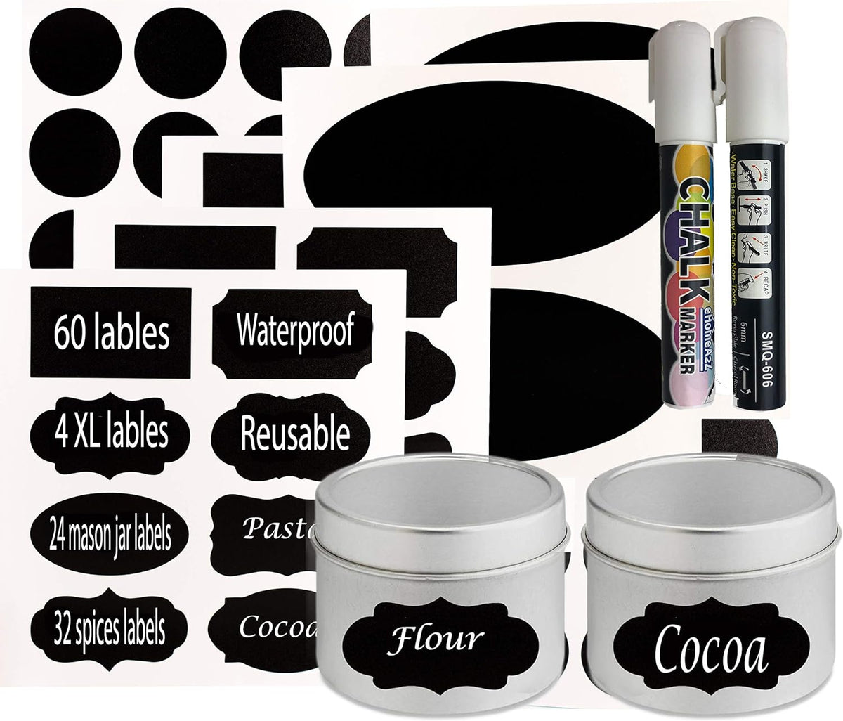 Chalkboard Jar Labels for Canning Mason Jars Premium Reusable Stickers Glass Chalk + 2 Large Erasable Markers (60 Labels)