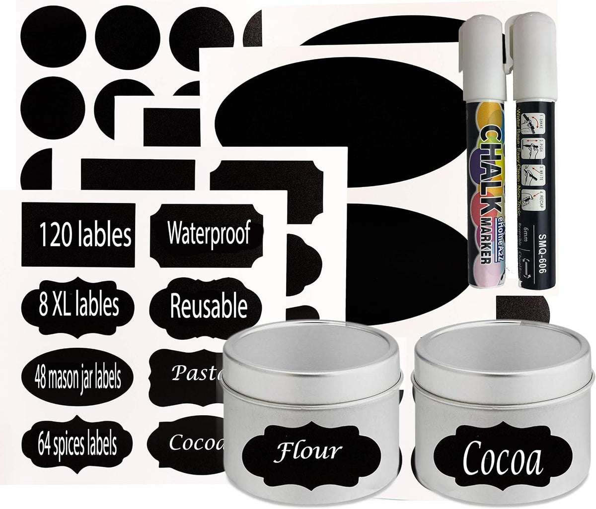 Chalkboard Jar Labels for Canning Mason Jars Premium Reusable Stickers Glass Chalk + 2 Large Erasable Markers (60 Labels)