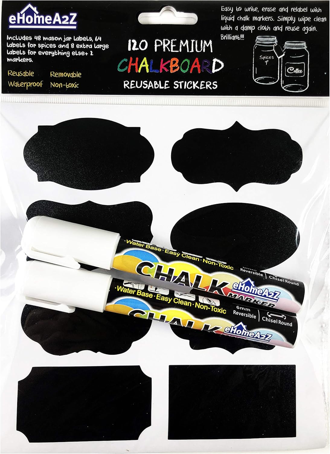 Chalkboard Jar Labels for Canning Mason Jars Premium Reusable Stickers Glass Chalk + 2 Large Erasable Markers (60 Labels)