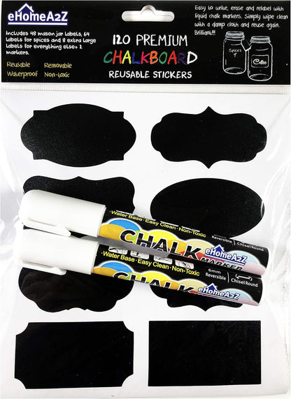 Chalkboard Jar Labels for Canning Mason Jars Premium Reusable Stickers Glass Chalk + 2 Large Erasable Markers (60 Labels)
