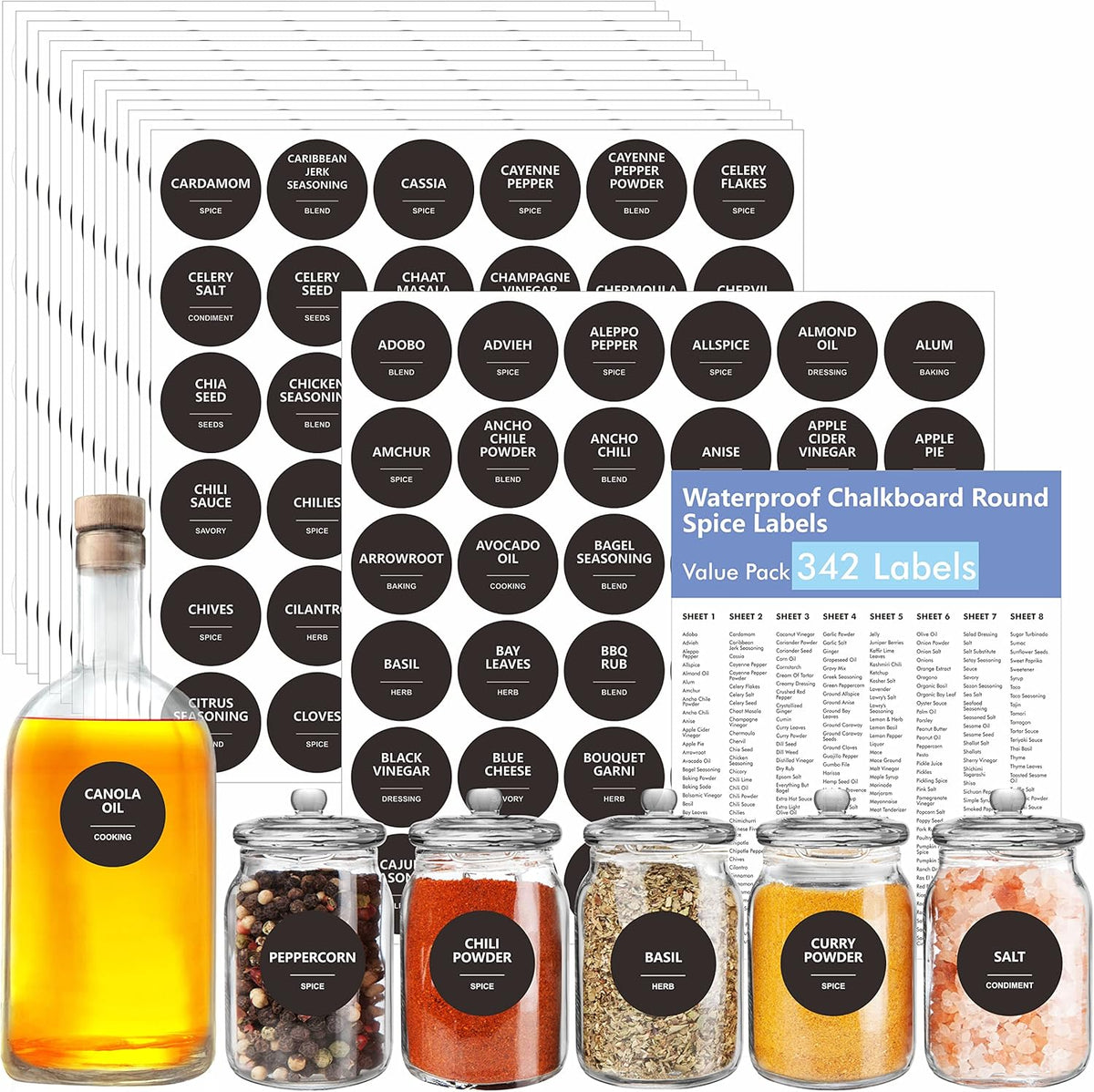 Hebayy 342 Removable Spice Labels,304 Pre-Printed Herb Seeds Seasoning Sauce Oil Vinegar Round Stickers,38 Blank Ones,Waterproof Oil & Tear Resistant,No Residue for Kitchen Pantry Containers Jars